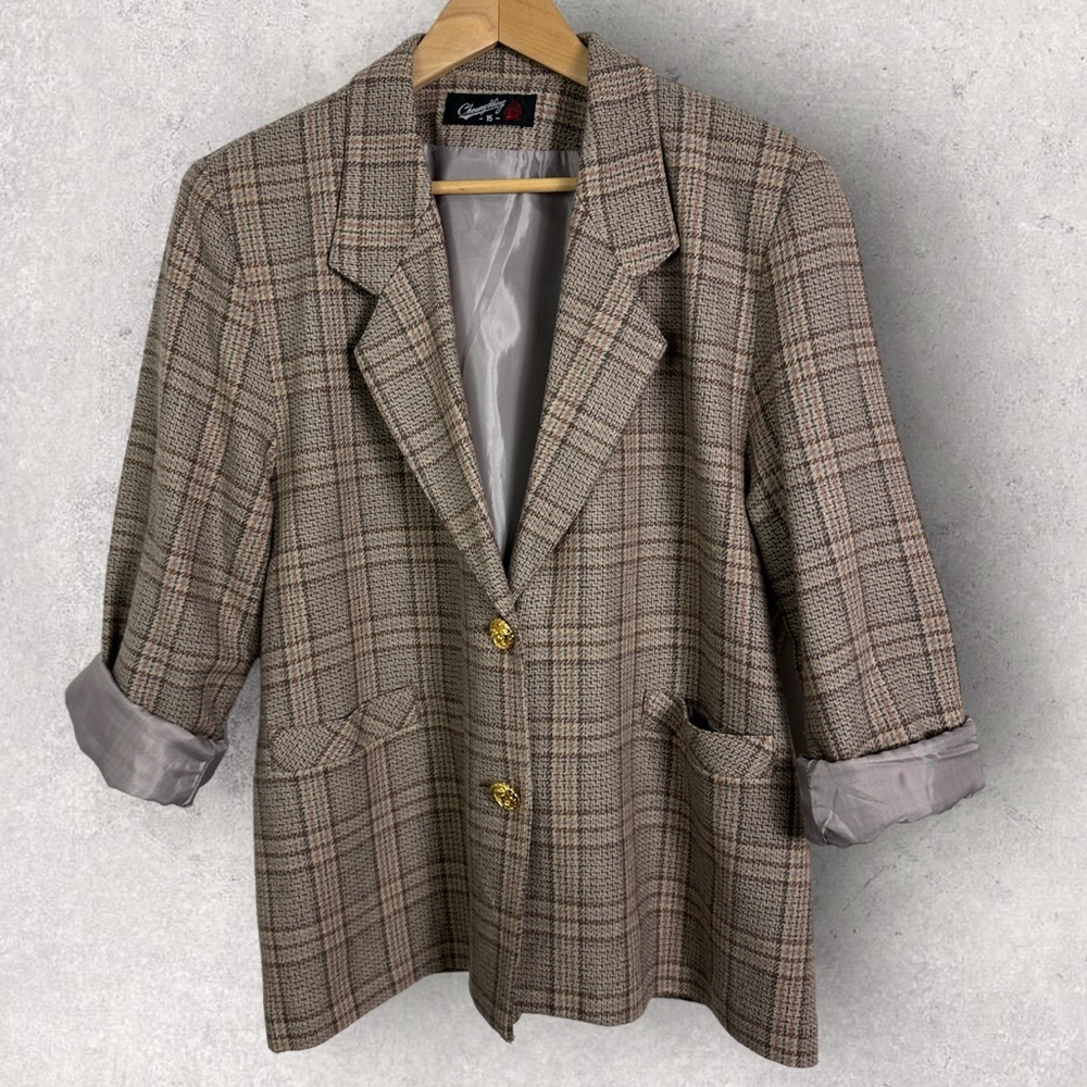 Vintage Plaid Brown Blazer Oversized Medium Double Button Tan Brown Structure M